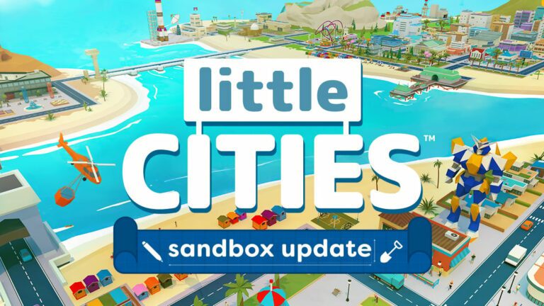 A bustling mini city with a bridge going over a large ocean with a title that says "Little Cities: Sandbox Update"