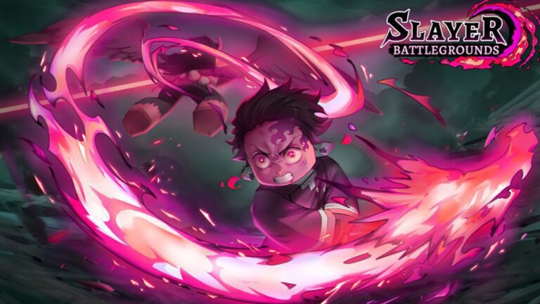 Roblox Slayer Battlegrounds promo with character from Demon Slayer swinging sword and trailing fire.