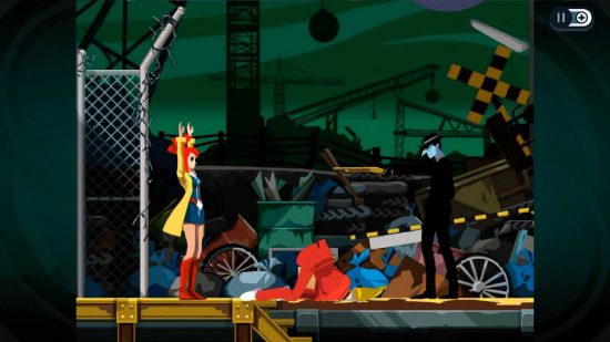 jogos fantasmas (4) Jogos fantasmas: uma cena 2D mostra um homem deitado no chão, dobrado, enquanto uma mulher ruiva segura as mãos para cima