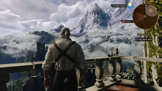 jogos fantasmas (7) Jogos de fantasmas: Geralt de Rivia fica em uma varanda, com vista para uma grande montanha nevada