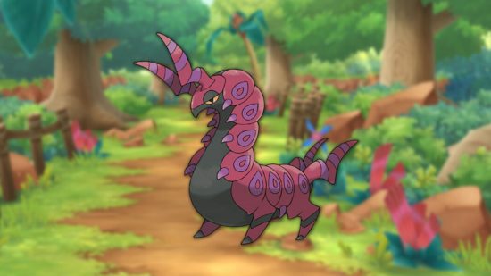 Pokémon do tipo inseto: Scolipede em um fundo de floresta