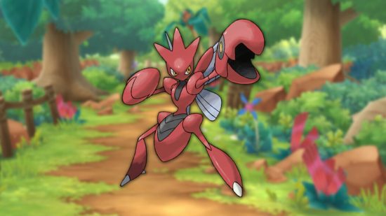 Pokémon do tipo inseto: Scizor em um fundo de floresta