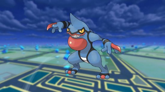 O melhor Pokémon lutador Toxicroak em um fundo de mapa Pokemon GO