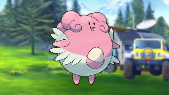 Pokémon normal Blissey Pokémon Blissey normal em frente a uma estação de pesquisa