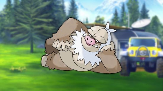 Pokémon Slaking normal Pokémon Slaking normal em frente a uma estação de pesquisa