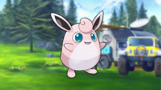 Pokémon normal Wigglytuff Pokémon Wigglytuff normal em frente a uma estação de pesquisa