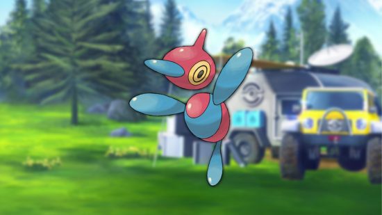 Pokémon normal Porygon Z Pokémon Porygon Z normal em frente a uma estação de pesquisa