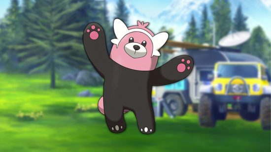 Bewear Pokémon normal Pokémon Bewear normal em frente a uma estação de pesquisa