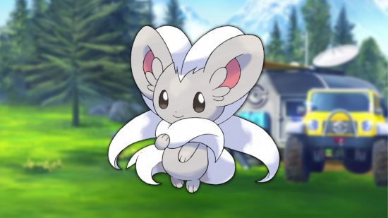 Pokémon normal Cinccino Pokémon normal Cinccino em frente a uma estação de pesquisa