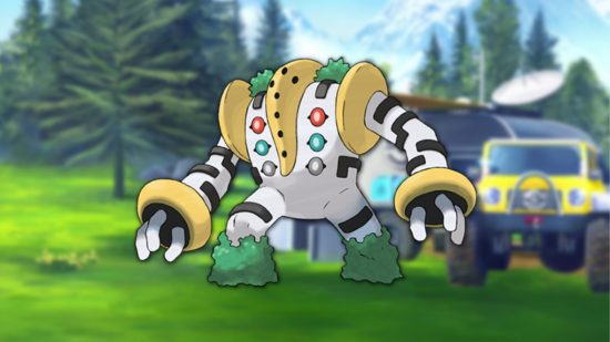 Pokémon Regigigas normais Pokémon Regigigas normais em frente a uma estação de pesquisa