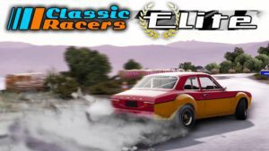 A small red and orange rally car drifts with the Classic Racers Elite logo above it