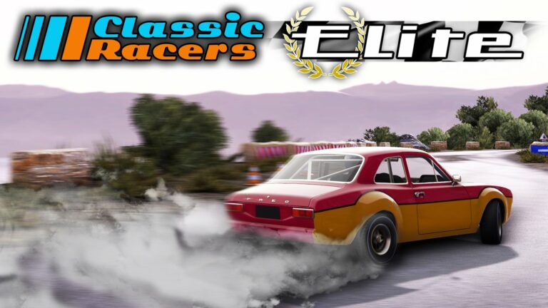 A small red and orange rally car drifts with the Classic Racers Elite logo above it