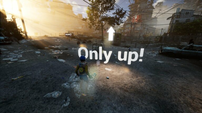 The character from Only Up! standing at words that say that with an arrow pointing up