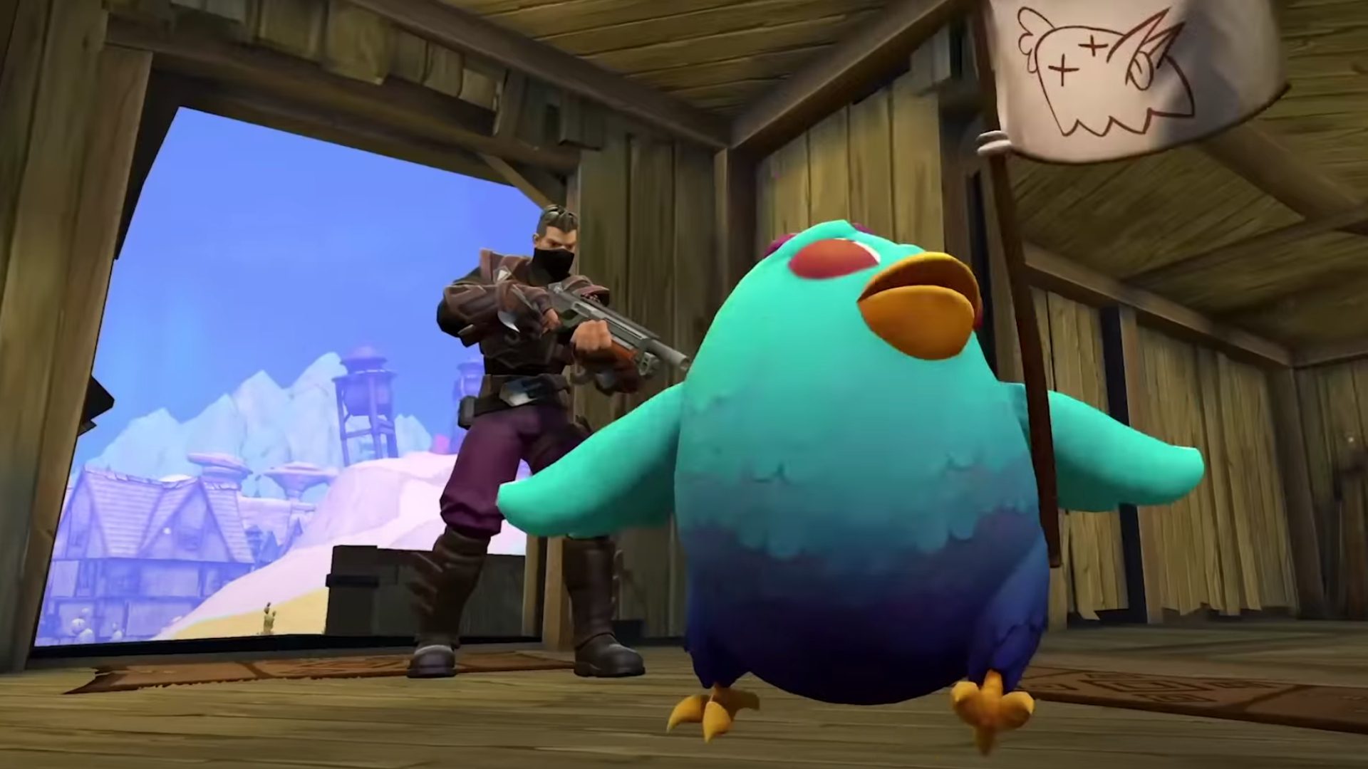 jogos tipo fortnite Realm Royale Um homem mirando em uma galinha azul