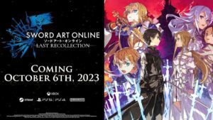 Kirito stands face to face with a woman in white armor as various characters are in different stages of fighting behind him