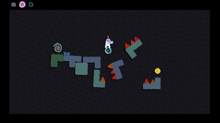 A character stands on a circle with an x inside of it with different Tetris shaped pieces around him, some with spikes