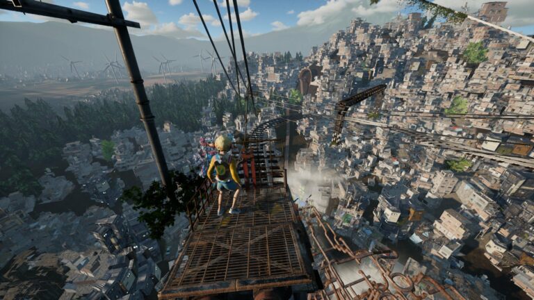 The character from Only Up stands on a moving rail car that moves past a large collection of slums where buildings are built on top of each other in layers