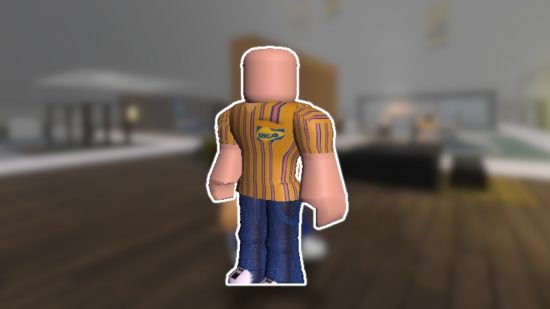 3008 Roblox: Um personagem funcionário regular de 3008 contornado em branco e colado em um fundo desfocado