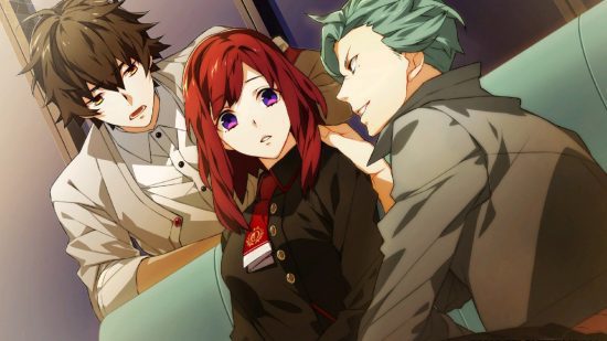 Revisão de Charade Maniacs Switch - Dazai e Futami conversando com Hiyori em um sofá verde