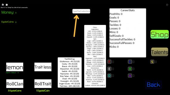 Uma tela mostrando onde está a caixa de códigos Egoist Awakens