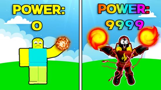 Códigos do Fireball Punching Simulator - um noob e um avatar profissional próximos um do outro