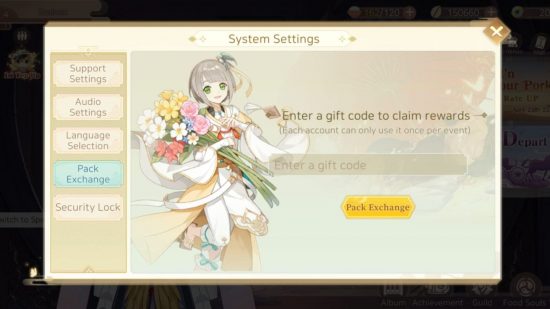 Resgate de códigos Tale of Food Caixa de resgate de códigos Tale of Food mostrando diferentes funções de menu