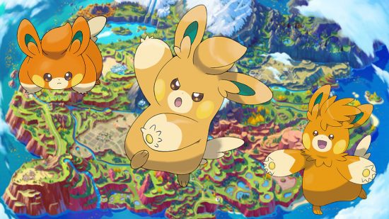 como-evoluir-pawmo-1 Como evoluir Pawmo - Pawmi, Pawmo e Pawmot na frente de um mapa de Paldea