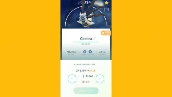 Doces raros de Pokemon Go: uma captura de tela de Pokemon Go mostra um treinador tentando aumentar o nível de Giratin, mas eles não têm doces suficientes para isso