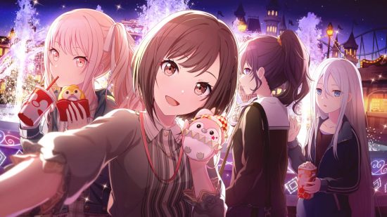 Eventos do Projeto Sekai: Ena tirando uma selfie do grupo em Phoenix Wonderland.  Ela está segurando um mini Phennie de pelúcia e Mizuki está comendo um lindo donut.  Kanade está no fundo segurando pipoca e parecendo chocado, e Mafuyu está olhando por cima do ombro com uma expressão severa.