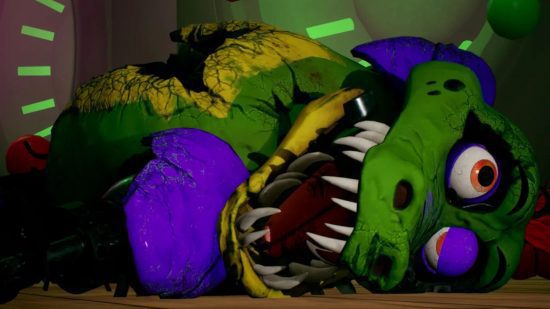 fnaf monte 2 FNAF Monty: Monty deitado no chão, seu corpo dilacerado e seus óculos escuros removidos.