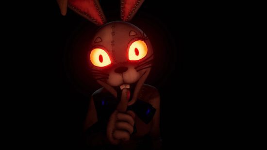 FNAF Vanny: um humano em uma fantasia de coelho aparece na escuridão, inclinando-se para o espectador