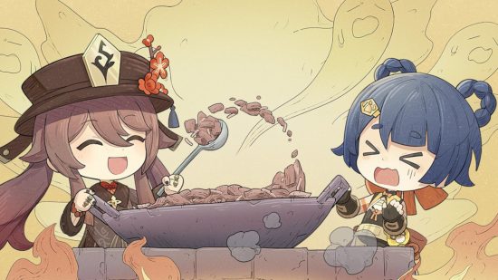 genshin impacto xiangling 2 Genshin Imact Xiangling: arte Chibi de Xiangling e Hu Tao cozinhando juntos - Hu Tao está se divertindo muito e Xiangling parece apavorado.