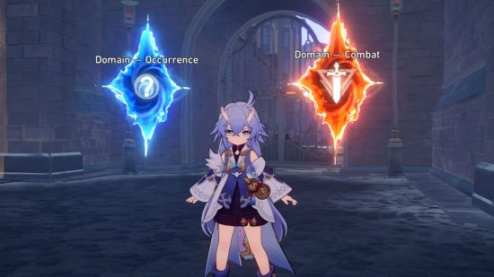 escolha do universo simulado honkai star rail: Bailu na frente de dois portais