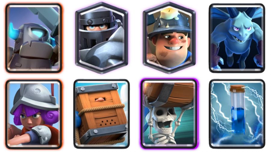Um baralho Clash Royale mega cavaleiro com faísca e um mosqueteiro 