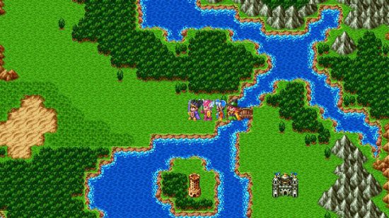 Jogos Dragon Quest: uma captura de tela de Dragon Quest III mostra um grupo de RPG explorando um campo