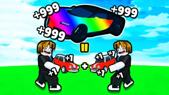 A arte principal dos códigos do Merge Race Simulator mostra dois personagens segurando miniaturas vermelhas com um carro esportivo acima deles