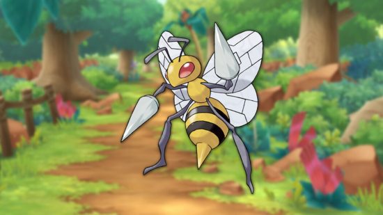 Pokémon do tipo inseto: Beedrill em um fundo de floresta
