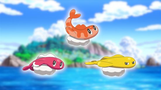 Pokémon Fish: Três formas diferentes de Tatsugiri, um droppy rosa, um cacheado orance e um elástico amarelo, dispostos em um triângulo em uma imagem desfocada da paisagem Pokemon.