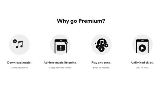 O que é o Spotify: um gráfico mostrando os benefícios do Spotify Premium, incluindo saltos ilimitados, música sem anúncios e download. 