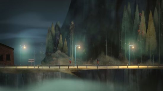 Uma captura de tela dos jogos baratos Oxenfree com dois personagens em uma estrada à noite