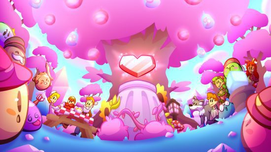 Jogos como Minecraft: um papel de parede oficial do Terraria da atualização Labour of Love, mostrando uma árvore rosa com um coração de cristal no centro, e as pessoas sentadas ao redor dela fazendo piquenique.