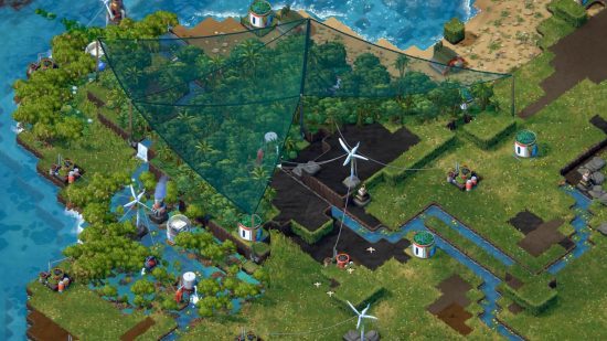 Um bioma de selva florescente no jogo Netflix Terra Nil