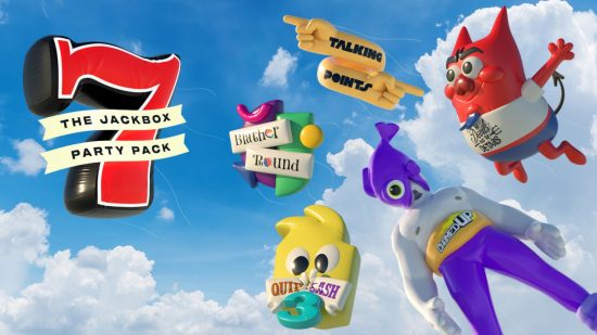 Jogos de festa: arte-chave para o Jackbox Party Pack 7, com mascotes de balões gigantes no céu azul.