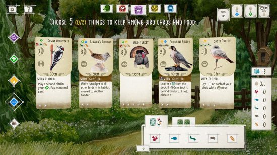jogos de pássaros Wingspan: cartas dispostas em um jogo de Wingspan