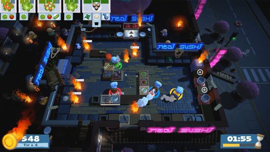 melhores jogos de restaurante Overcooked 2 melhores jogos de restaurante Overcooked 2: jogadores trabalhando juntos para cozinhar à noite