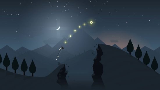 offline-jogos-10 Captura de tela do jogo off-line Alto's Adventure mostrando um céu noturno estrelado de uma visão 2D de rolagem lateral da montanha enquanto um menino desce de snowboard.
