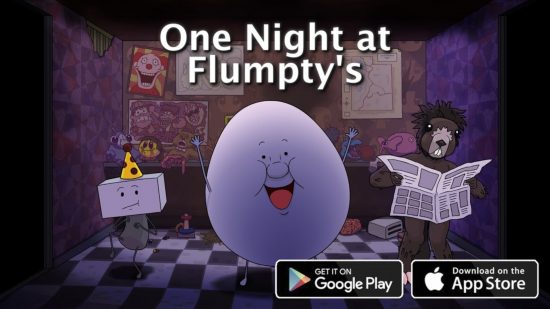 FNAF fan games: Arte chave para One Night at Flumpty's mostrando Flumpty e seus amigos.