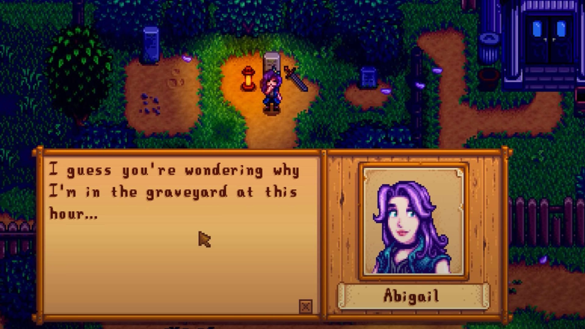 Abigail de Stardew Valley parada em um cemitério