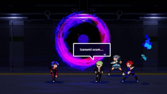 resenha de soulvars 2 Revisão de Soulvars: Uma captura de tela de Soulvares mostrando Yakumo e sua gangue enfrentando um sprite inimigo de cabelo azul na frente de um portal roxo