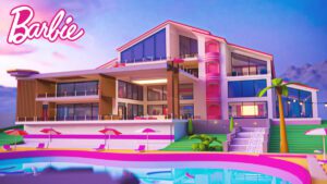 An example of a dreamhouse that you can create in Roblox Barbie Dreamhouse Tycoon.